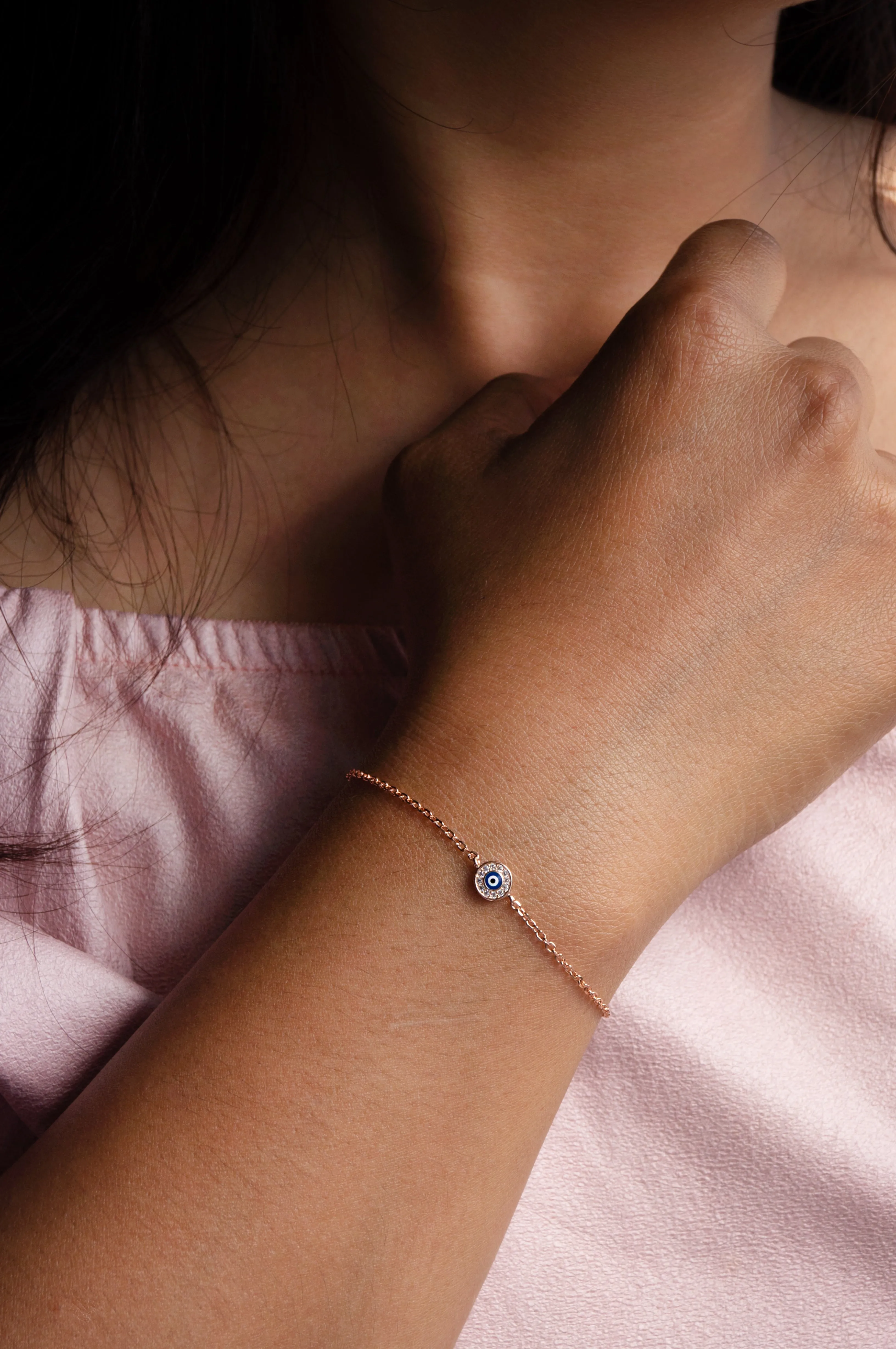 Evil Eye Round Hand-Painted Delicate Sterling Silver Chain Bracelet