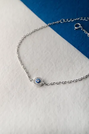 Evil Eye Round Hand-Painted Delicate Sterling Silver Chain Bracelet