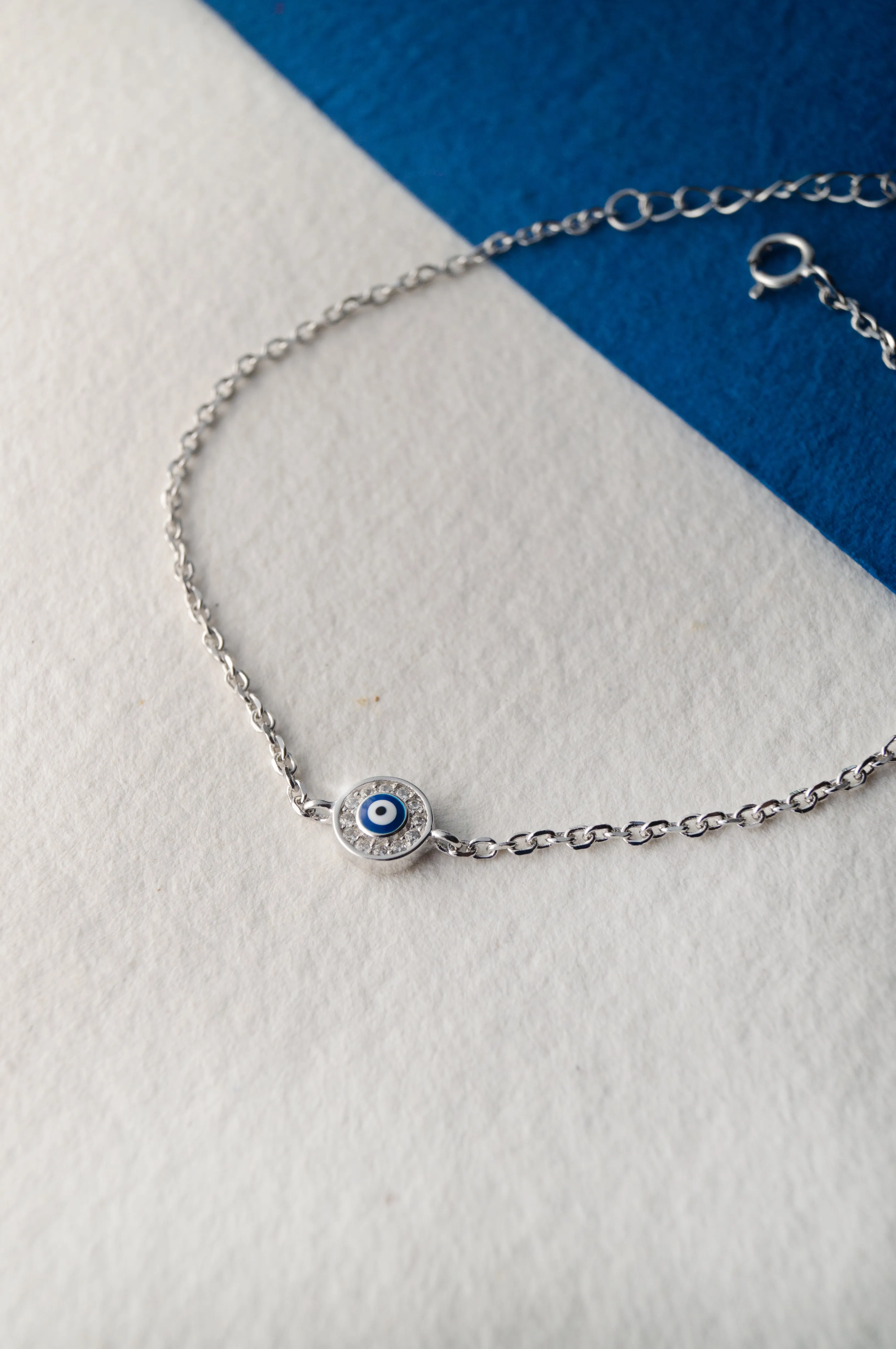 Evil Eye Round Hand-Painted Delicate Sterling Silver Chain Bracelet