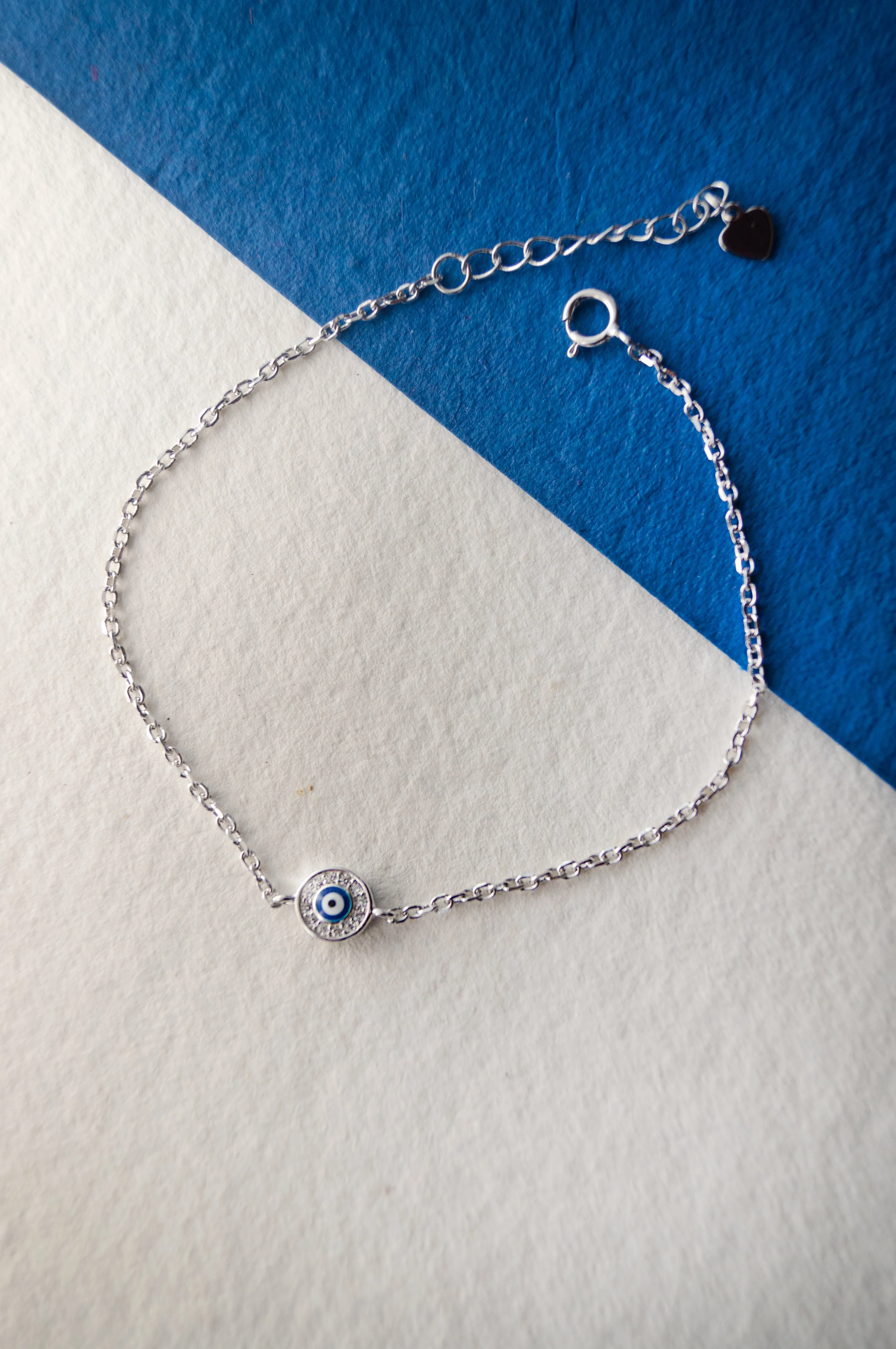 Evil Eye Round Hand-Painted Delicate Sterling Silver Chain Bracelet