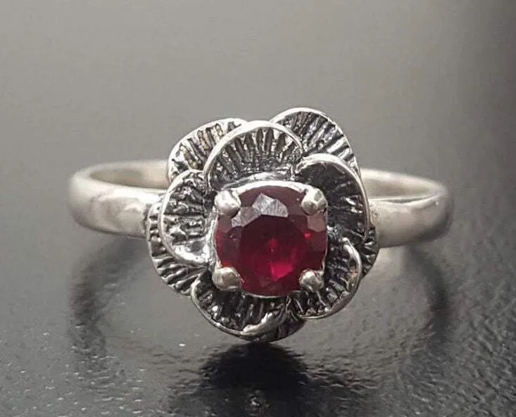 Flower Ruby Ring - Red Ruby Ring, Pink Flower Ring