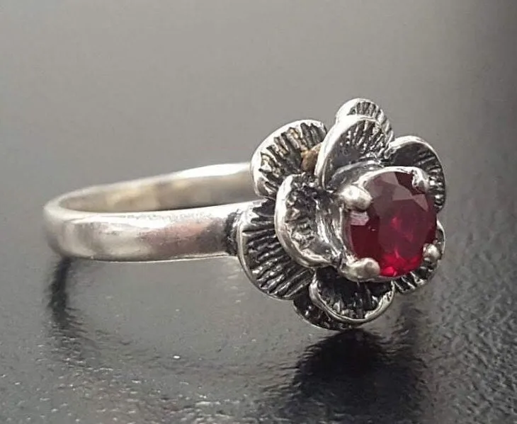 Flower Ruby Ring - Red Ruby Ring, Pink Flower Ring