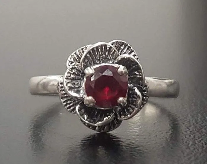 Flower Ruby Ring - Red Ruby Ring, Pink Flower Ring