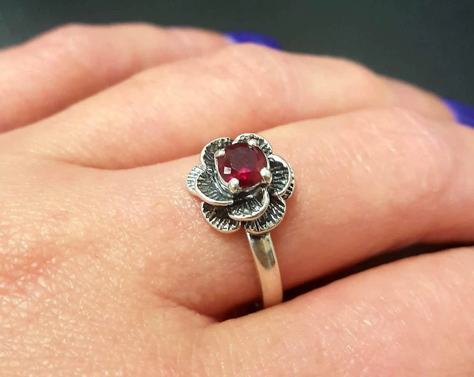 Flower Ruby Ring - Red Ruby Ring, Pink Flower Ring