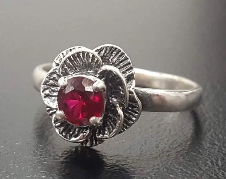 Flower Ruby Ring - Red Ruby Ring, Pink Flower Ring