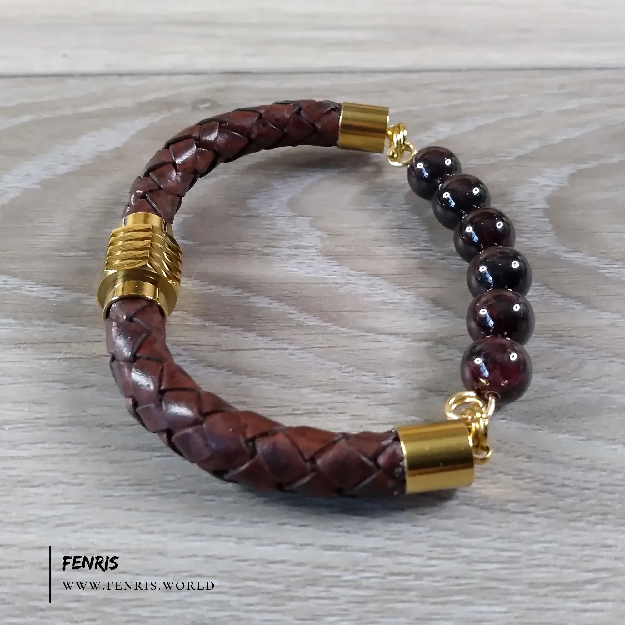 Garnet Gemstone & Cognac Brown Leather Bracelet | Fenris