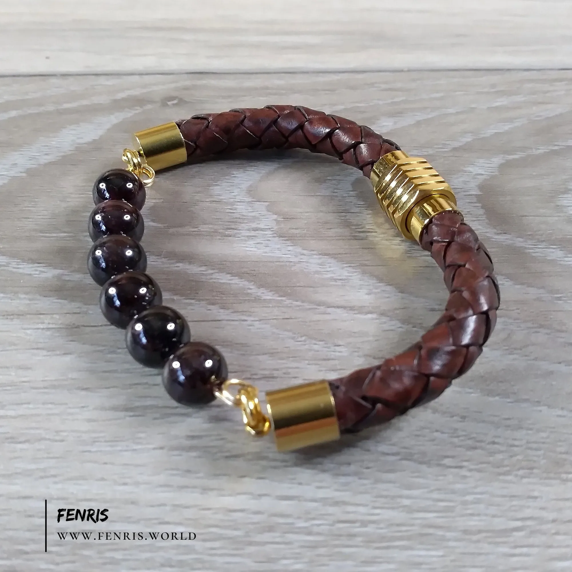 Garnet Gemstone & Cognac Brown Leather Bracelet | Fenris