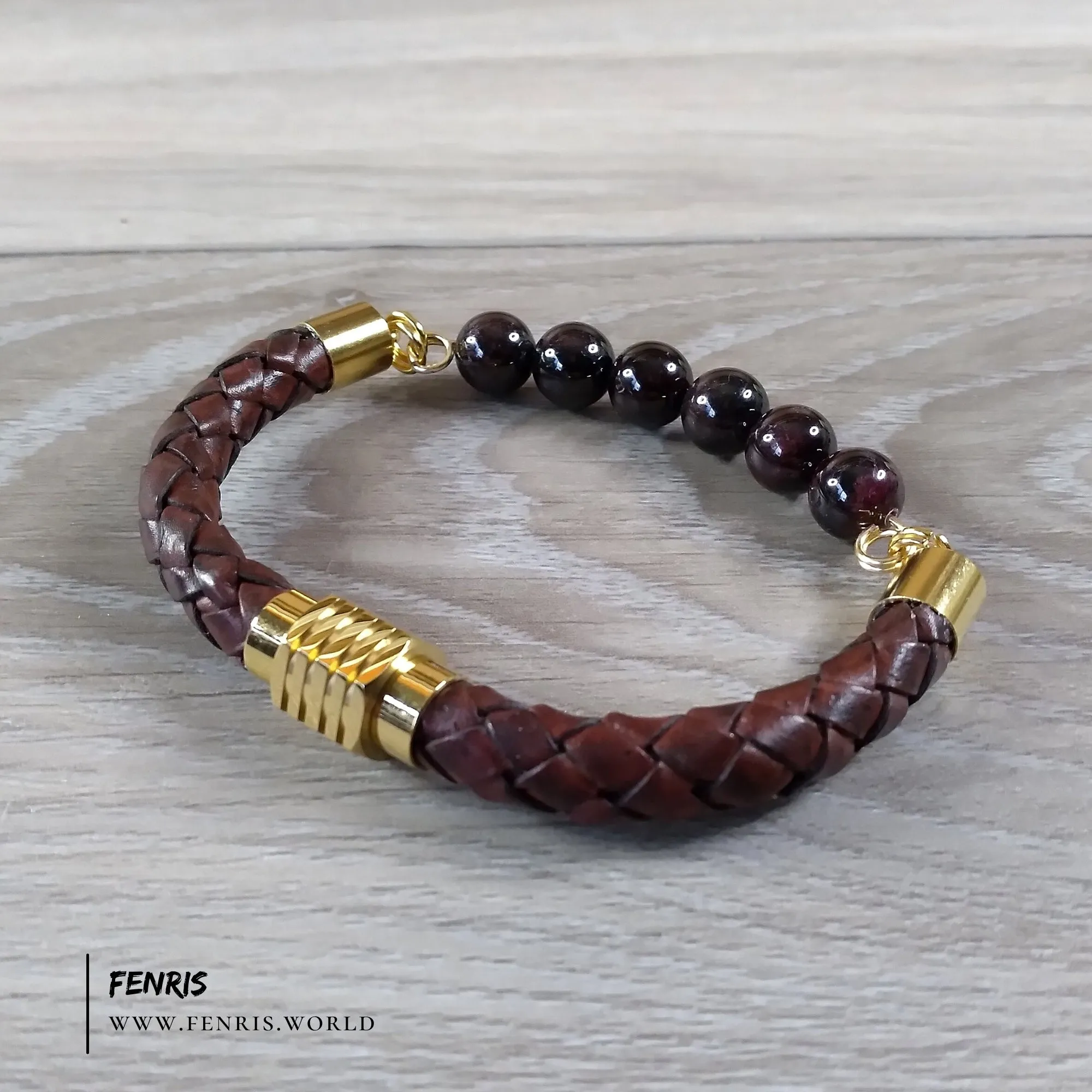 Garnet Gemstone & Cognac Brown Leather Bracelet | Fenris