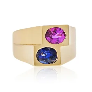 GIA certified Blue and Pink Sapphire Unisex Bezel Ring in 18k gold