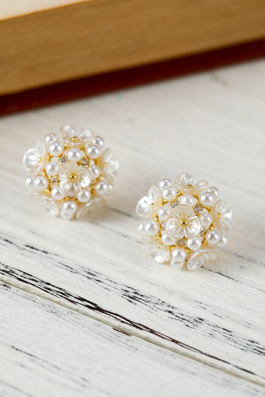 Gold Flower Faux Pearls Stud Earrings