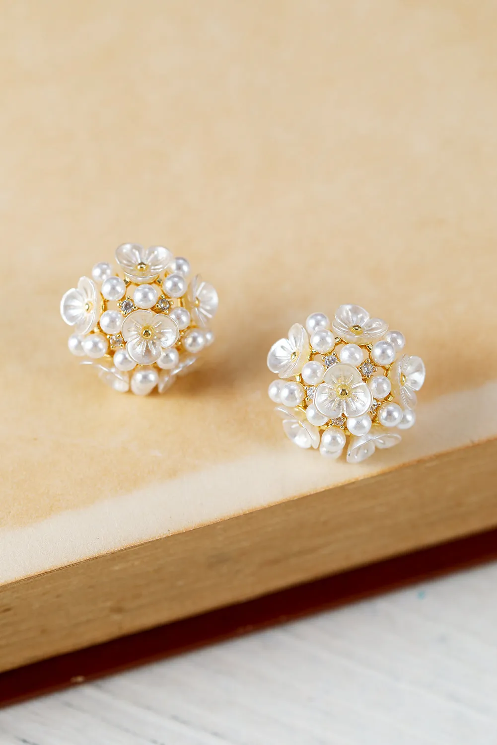 Gold Flower Faux Pearls Stud Earrings