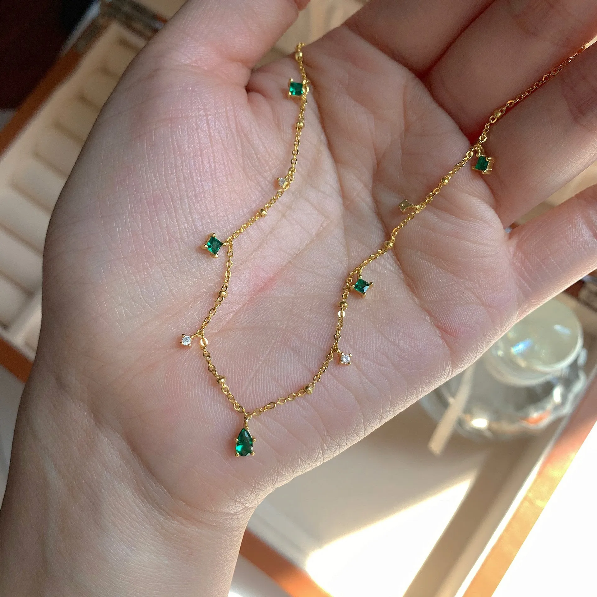 Gold-Plated Necklace with Emerald Green and Clear Crystal Accents – Dainty and Elegant Jewelry jltn0530