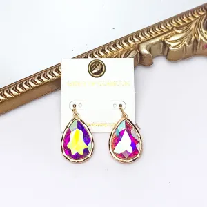 Gold Tone Large Teardrop Earrings With AB Crystals