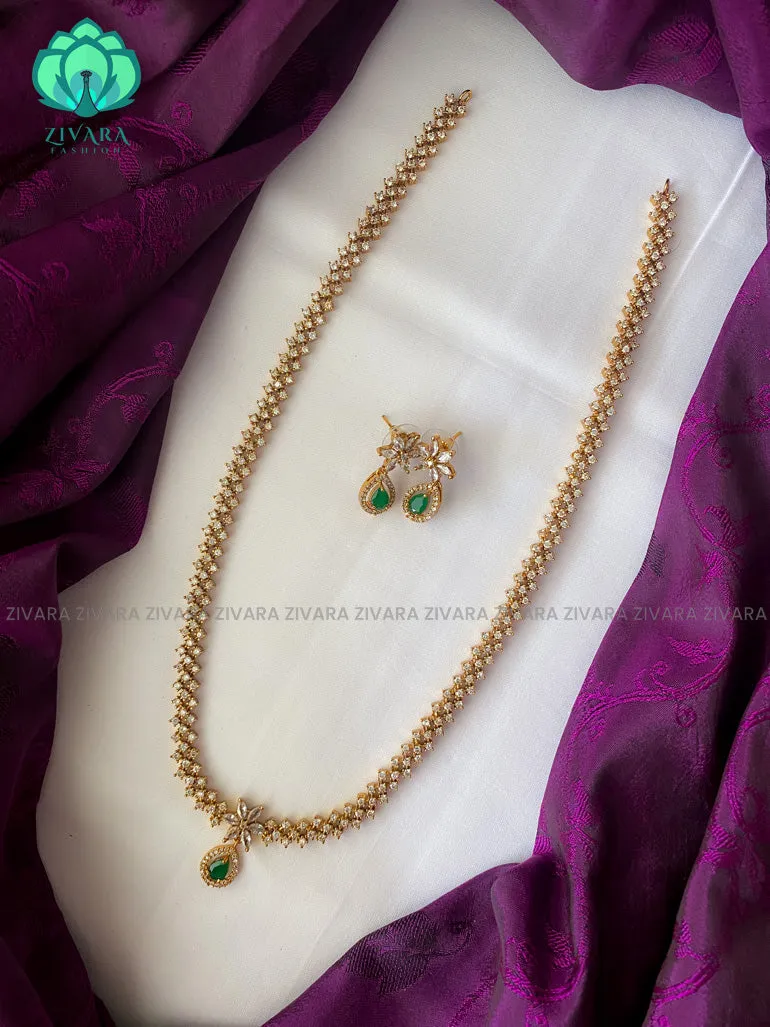 Green stone - Motif free- Elegant and stylish gold polish long haaram/neckwear with earrings- Zivara Fashion