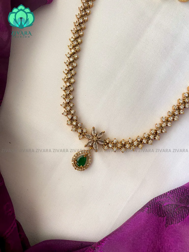 Green stone - Motif free- Elegant and stylish gold polish long haaram/neckwear with earrings- Zivara Fashion