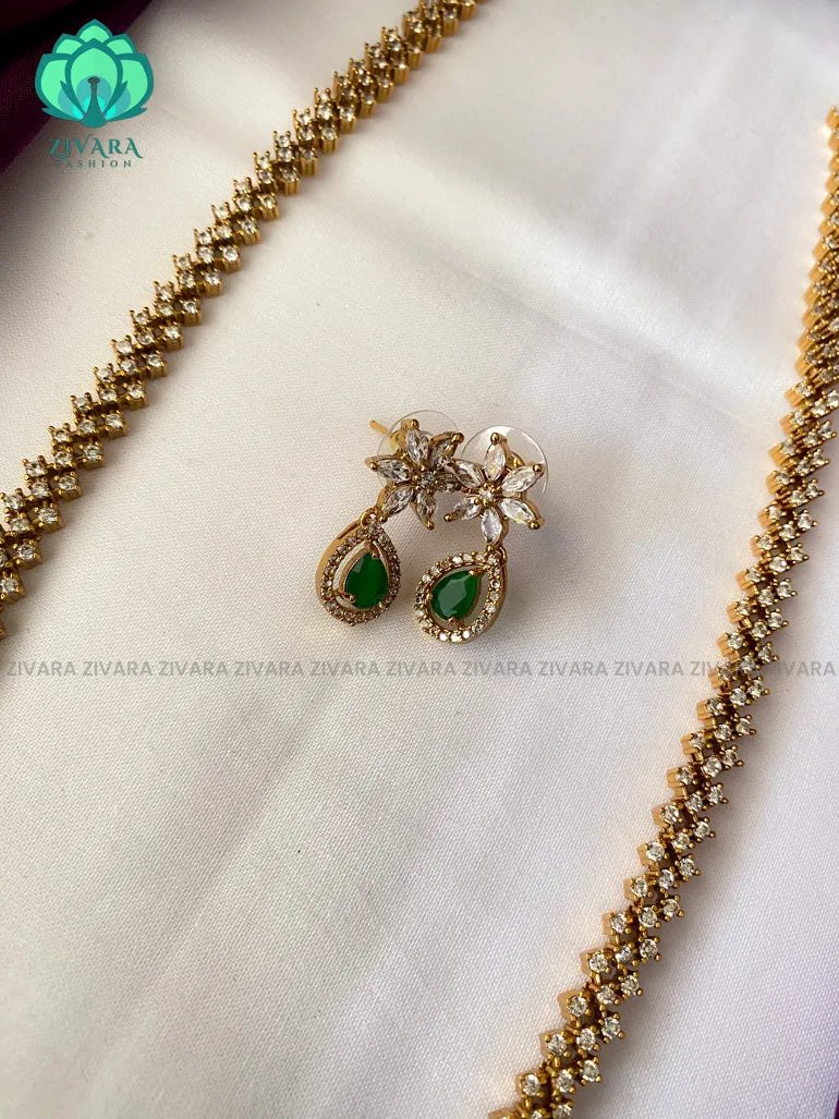 Green stone - Motif free- Elegant and stylish gold polish long haaram/neckwear with earrings- Zivara Fashion