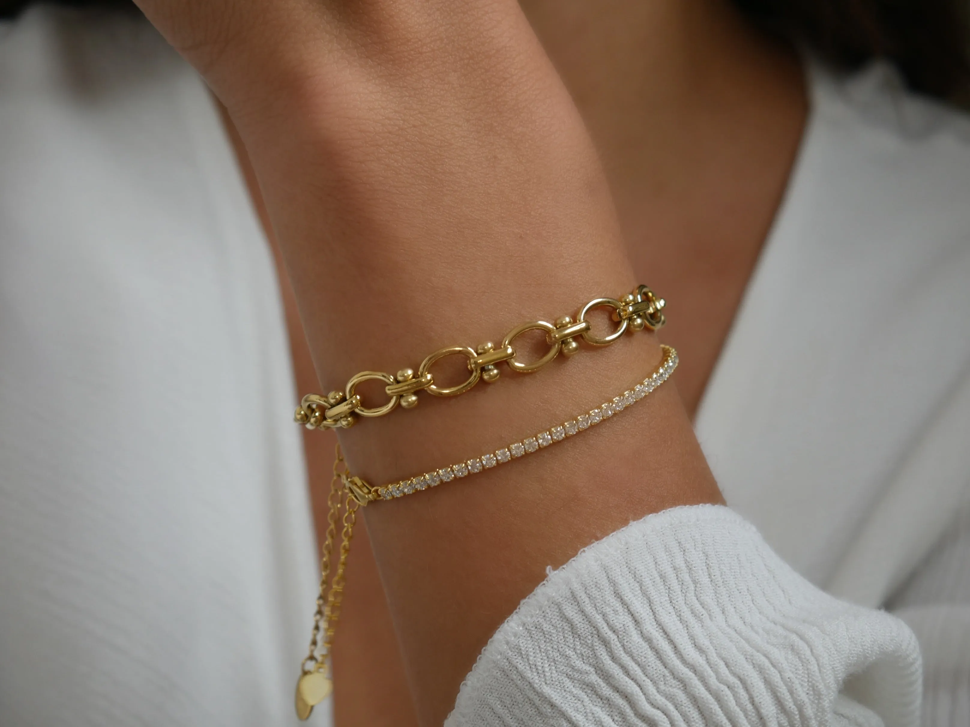 Half Tennis Bracelet Half Paperclip Bracelet, Diamond Cubic CZ 18k Gold Plated .925 Sterling Silver Dainty Bracelet