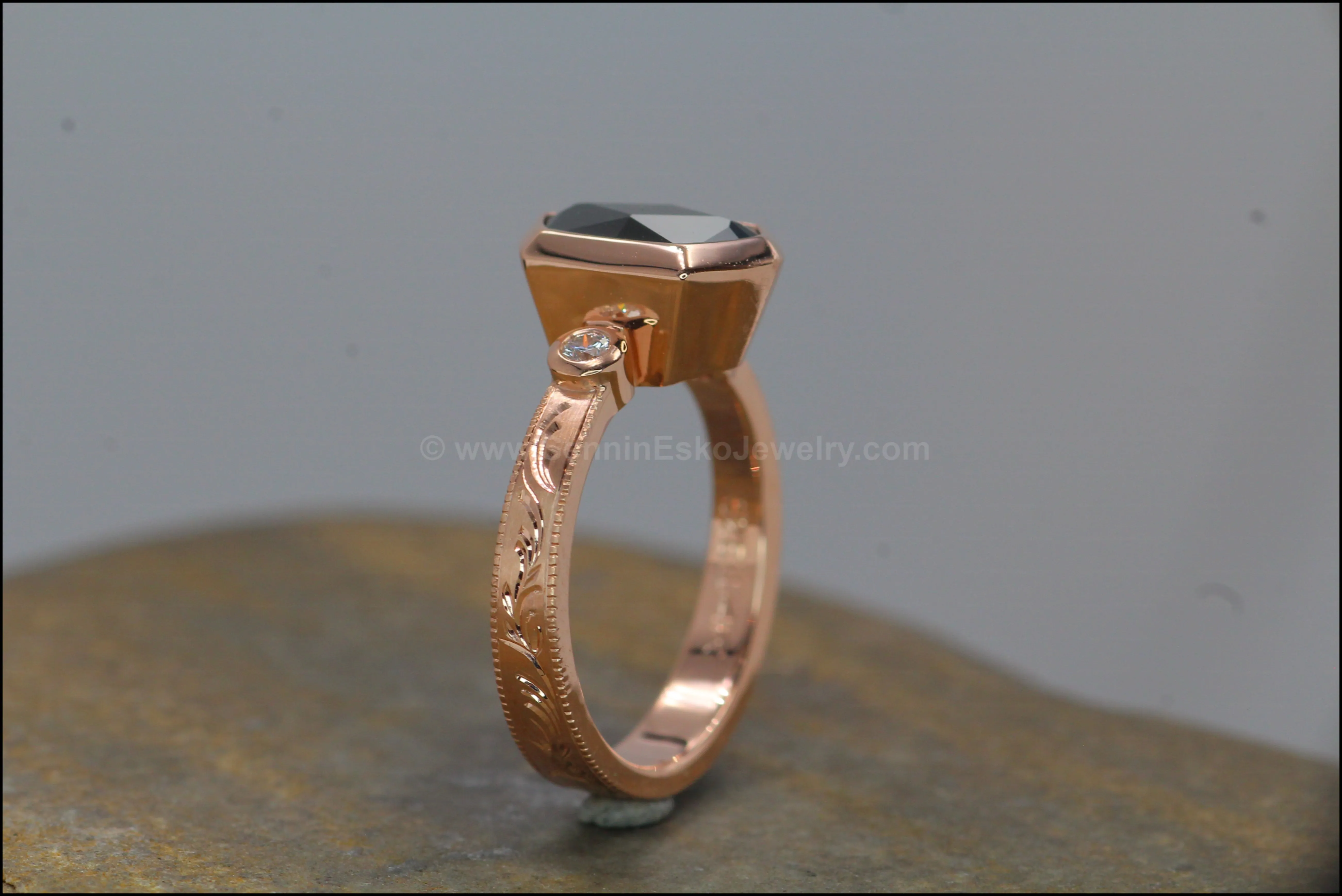 Heavy Weight Rose Gold Branches & Leaves Engraved Multi Bezel Setting - Fantasy Cut 2.6 Carat Parti Sapphire Depicted (Setting Only, Center Stone Sold Separately)