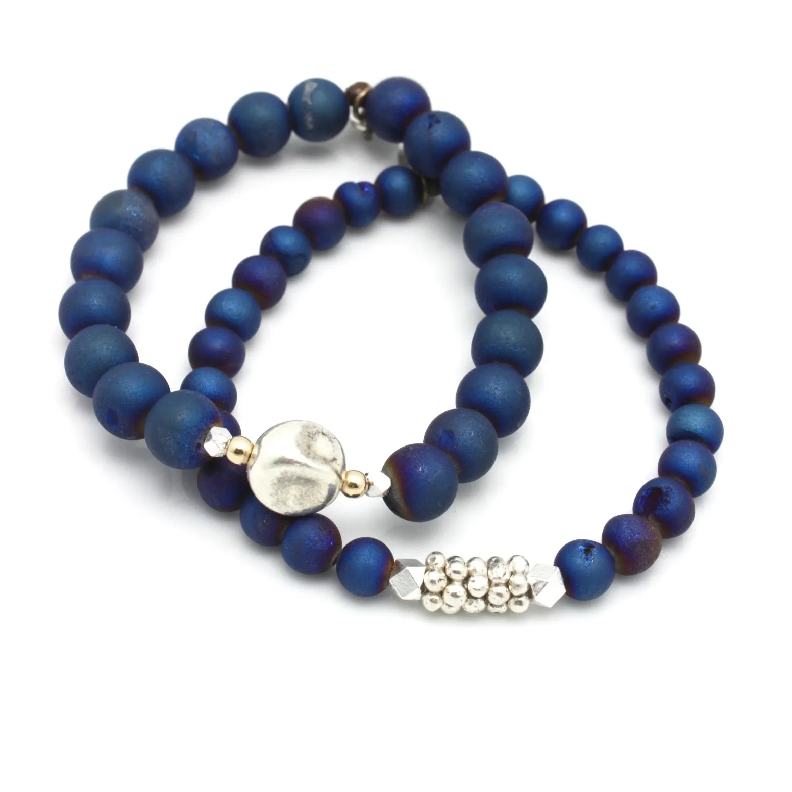 Inner Spirit:  Deep Marine Blue Druzy Quartz Stretch Bracelet & Silver Flower Beads