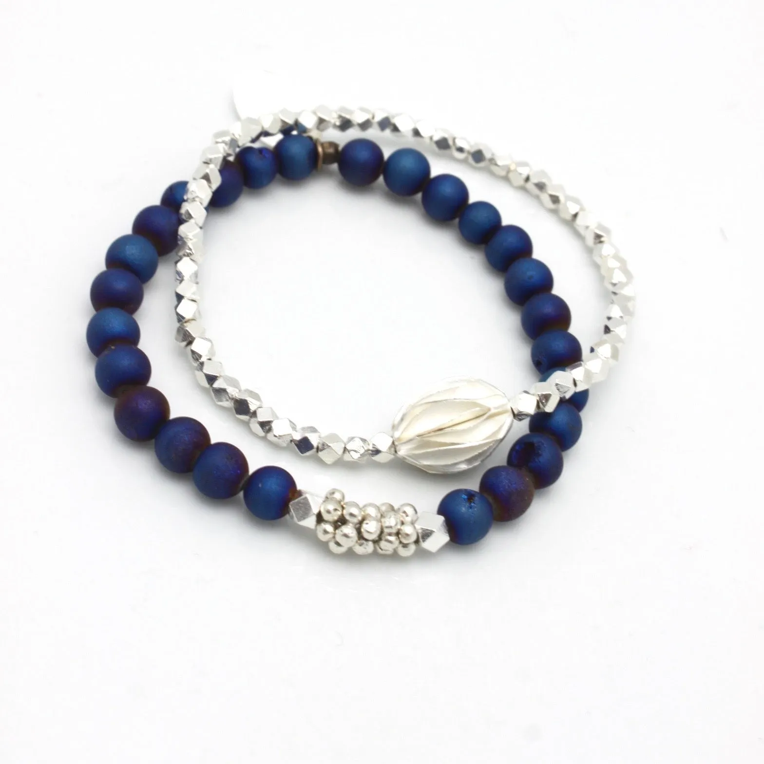 Inner Spirit:  Deep Marine Blue Druzy Quartz Stretch Bracelet & Silver Flower Beads