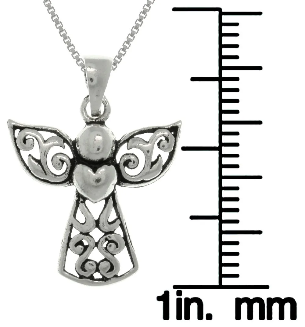 Jewelry Trends Sterling Silver Small Filigree Angel Heart Pendant on Box Chain Necklace First Communion Religious Jewelry