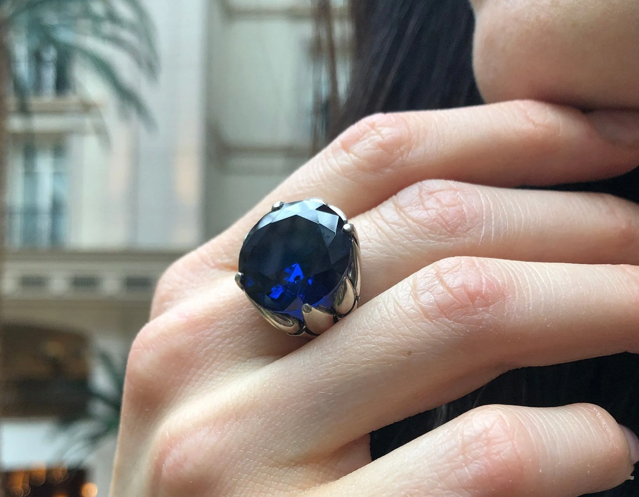 Large Sapphire Ring - Blue Statement Ring, Blue Diamond Ring