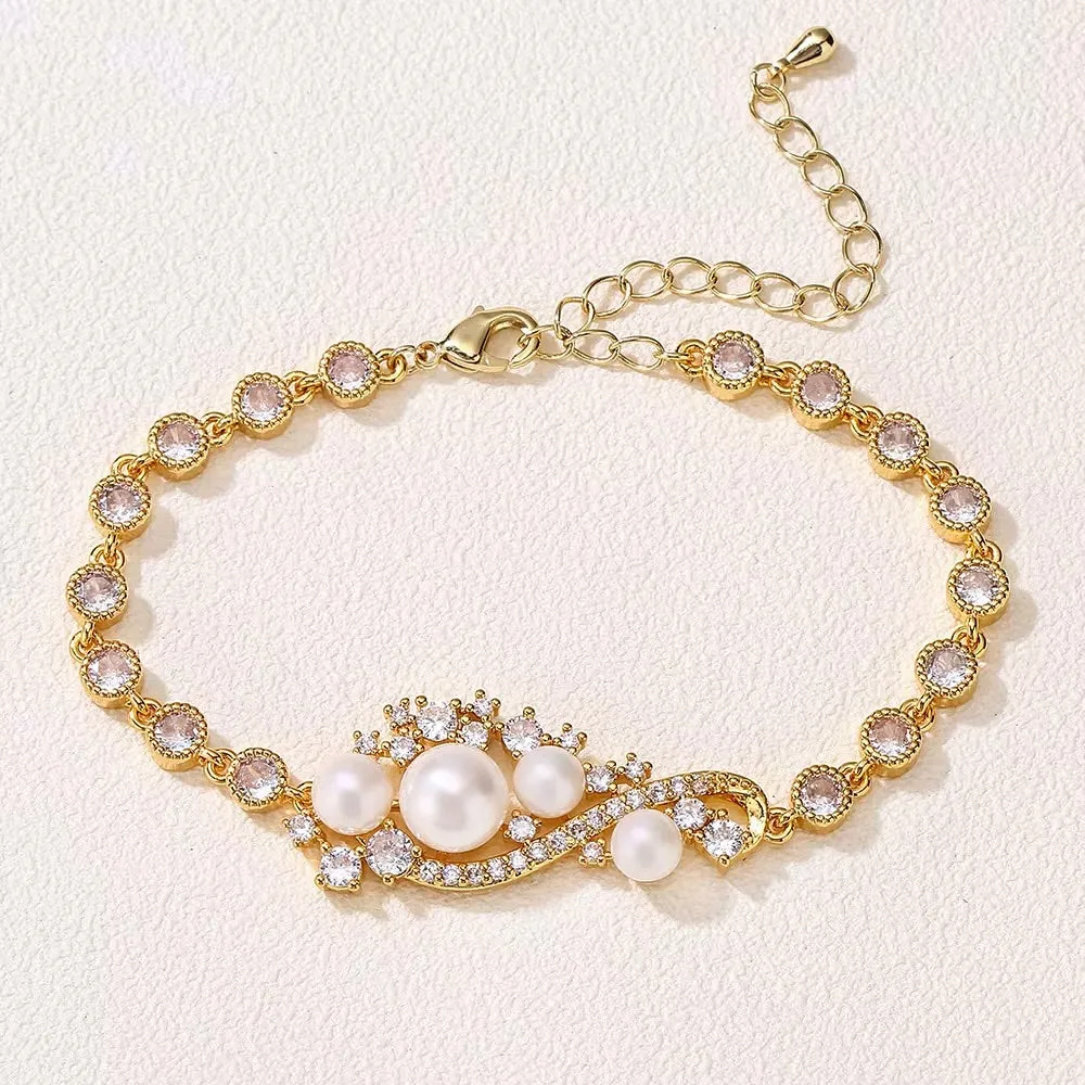 Lenora - Pearl and Cubic Zirconia Bridal Bracelet - Available in Silver and Gold