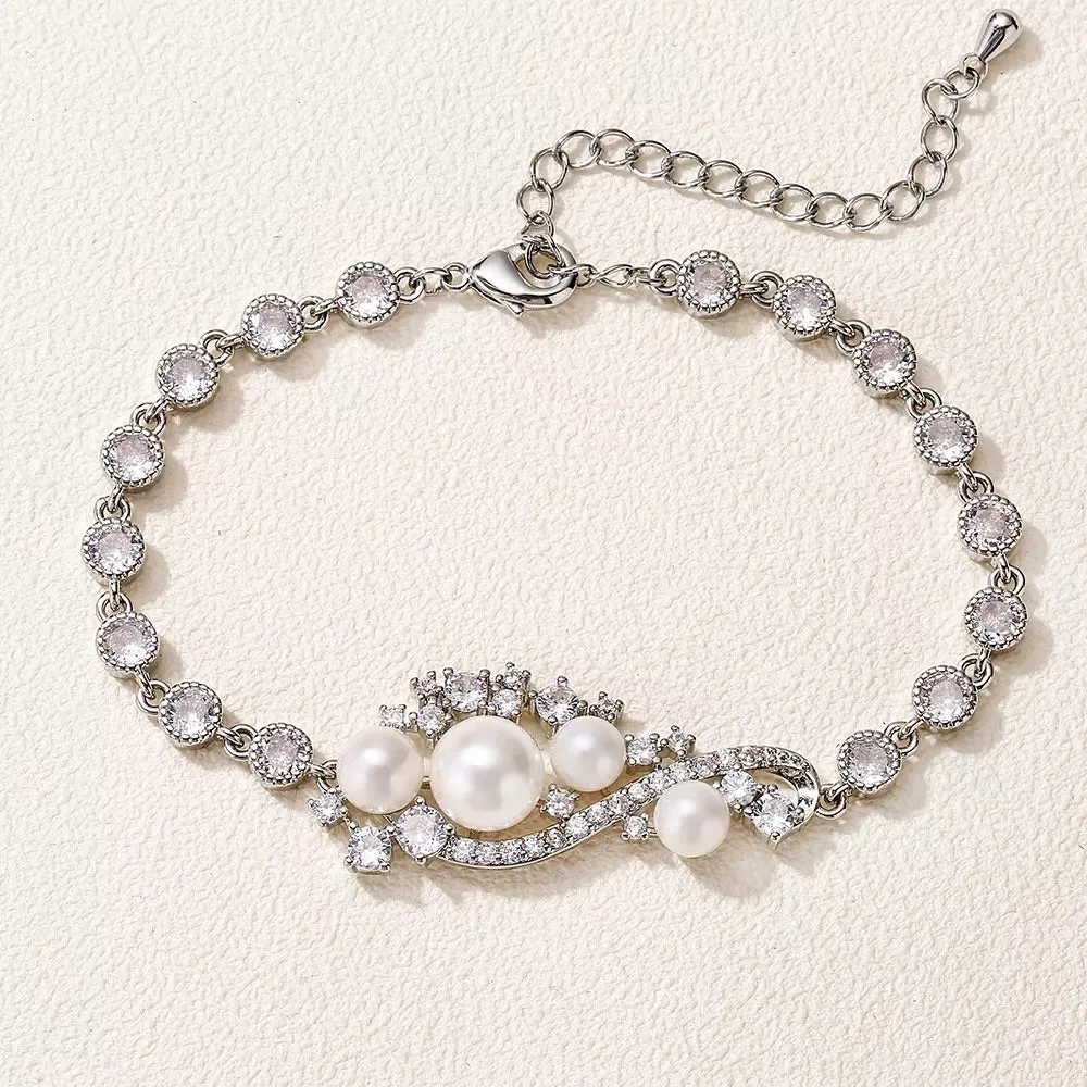 Lenora - Pearl and Cubic Zirconia Bridal Bracelet - Available in Silver and Gold