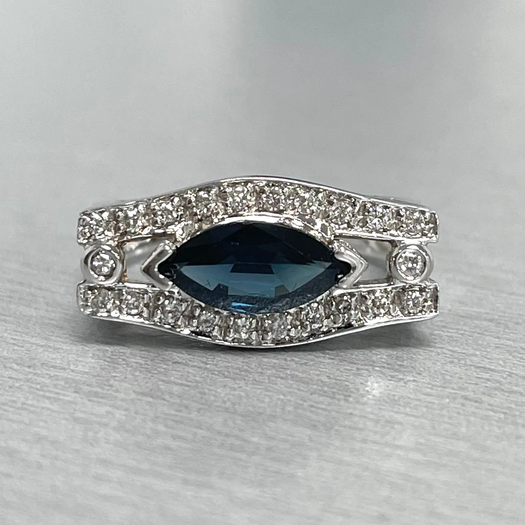 Marquise Sapphire Evil Eye Ring in White Gold