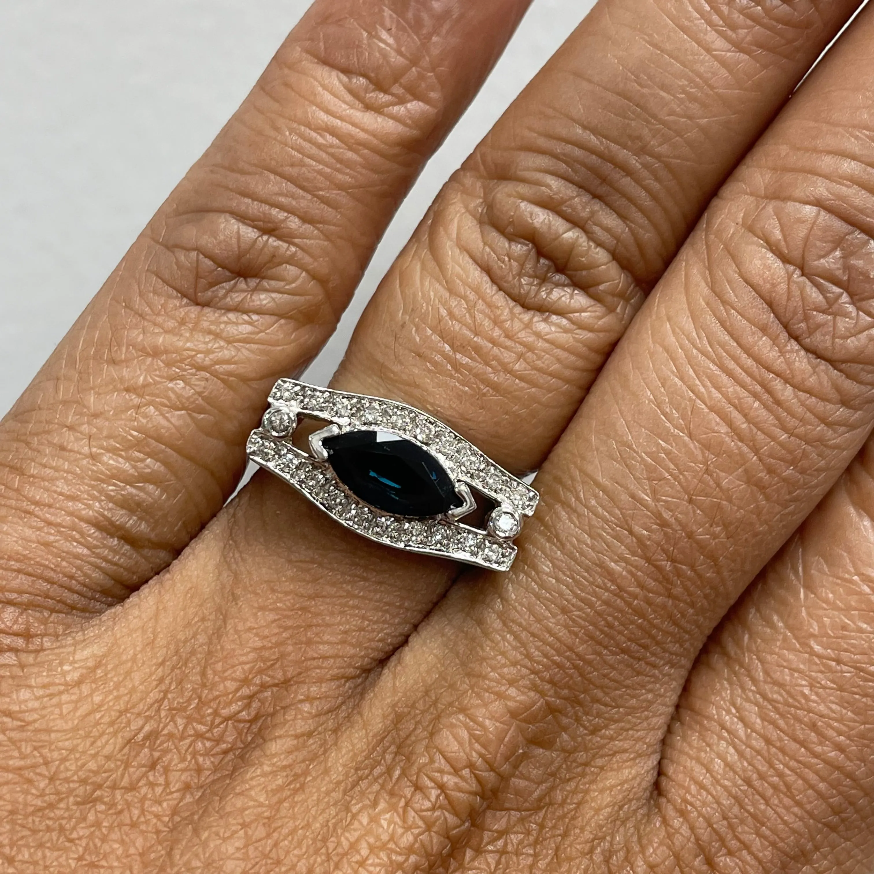 Marquise Sapphire Evil Eye Ring in White Gold