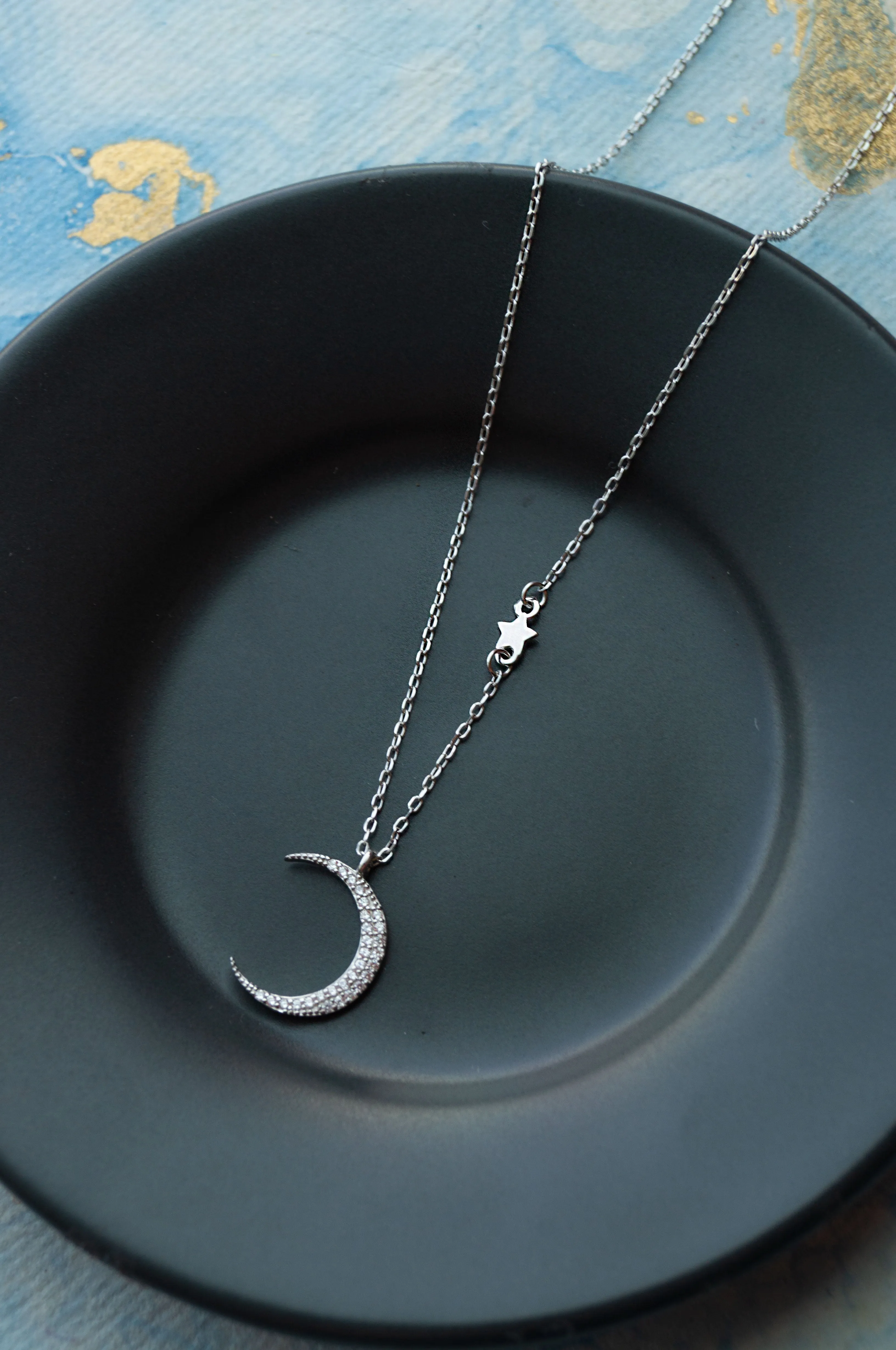 Moon And Stars Sterling Silver Chain Necklace