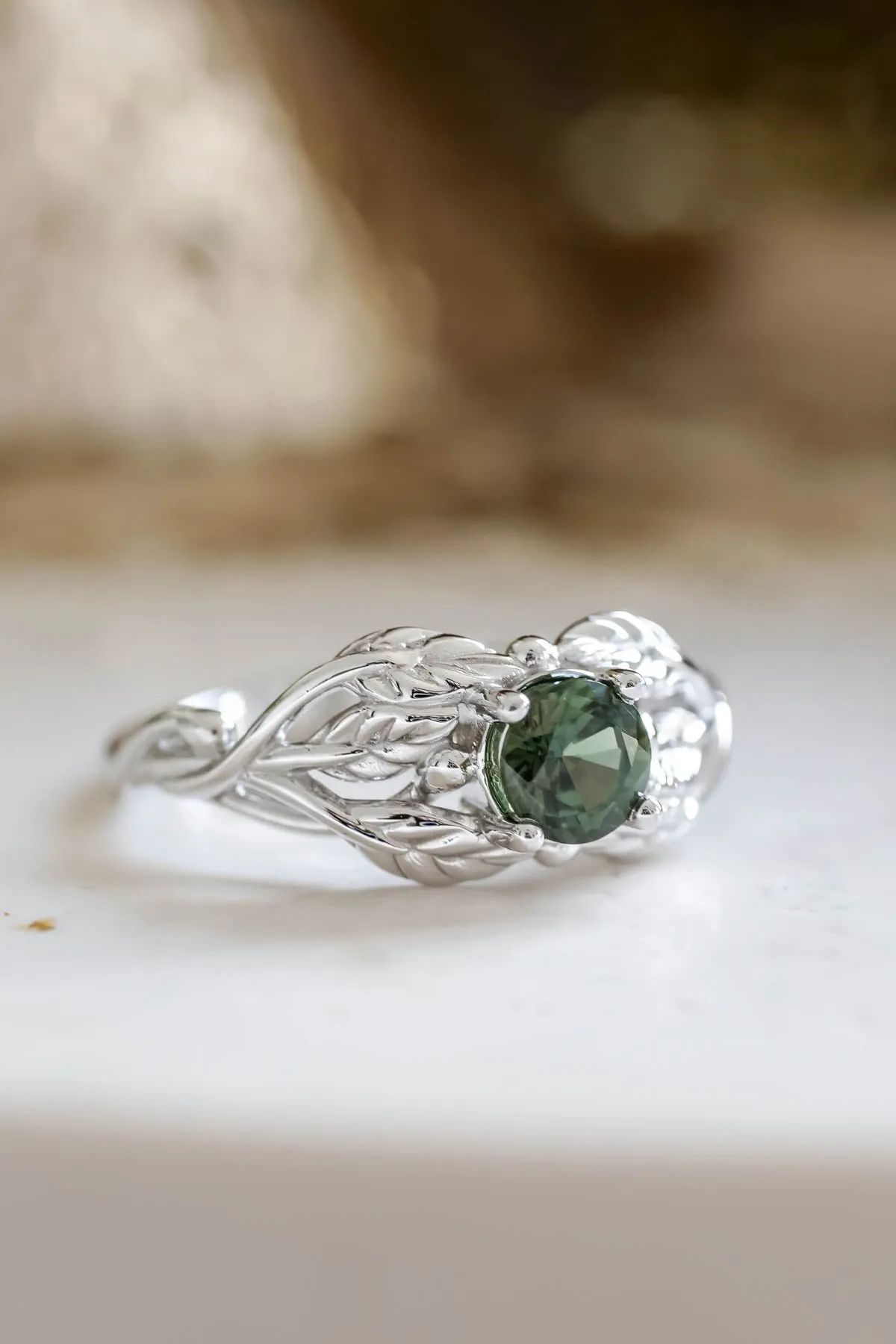 Natural green sapphire engagement ring, gold leaf ring / Tilia