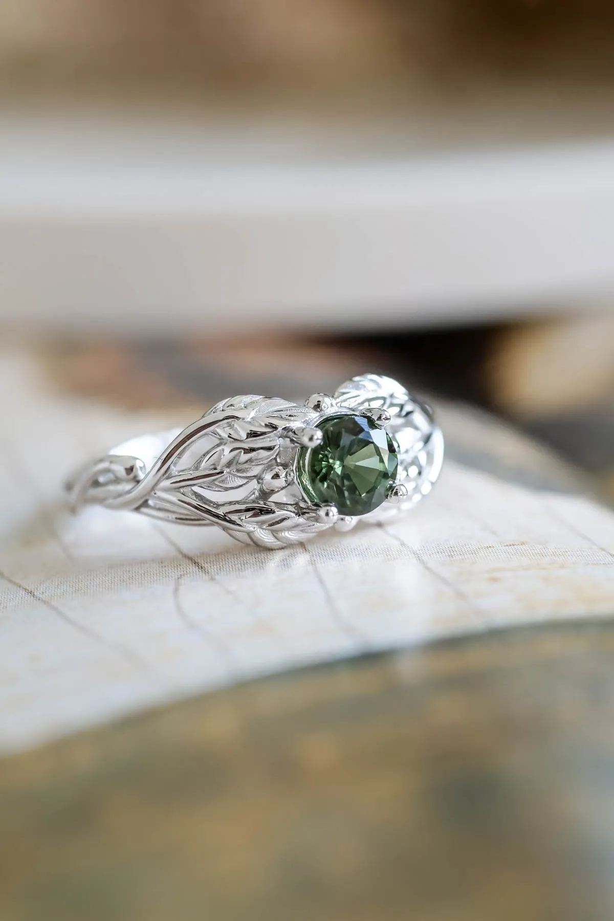 Natural green sapphire engagement ring, gold leaf ring / Tilia