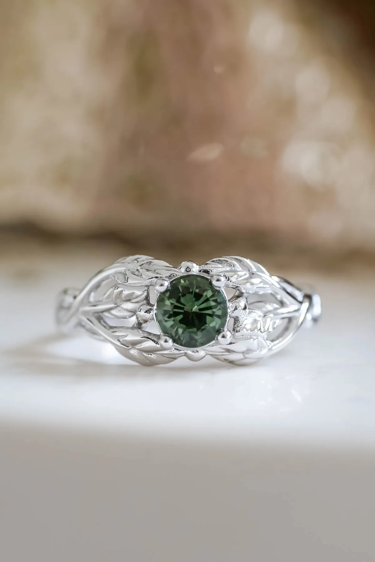 Natural green sapphire engagement ring, gold leaf ring / Tilia