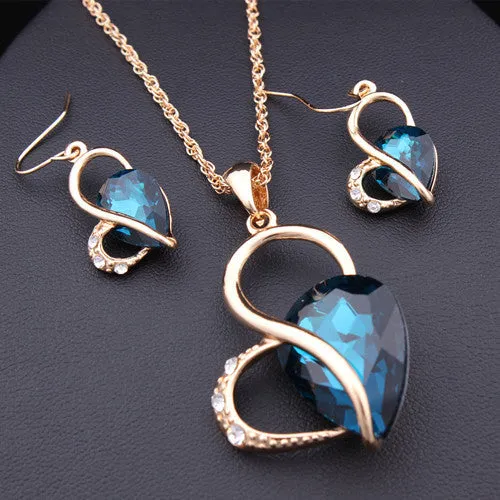 New Jewelry 18K Gold Rhinestone Austria Crystal Heart Water Drop Necklace   Dangle Earrings Jewelry Sets