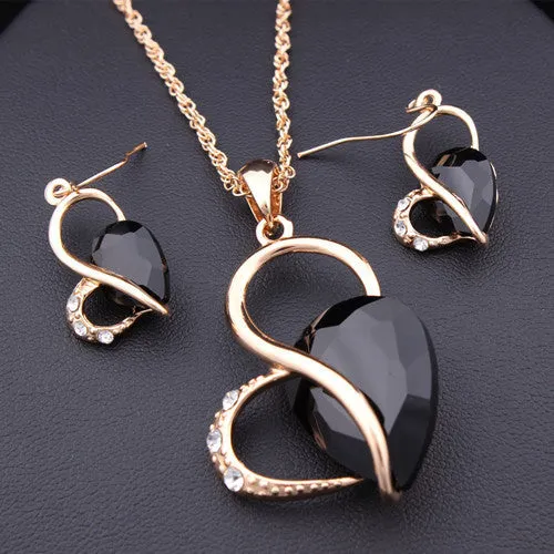 New Jewelry 18K Gold Rhinestone Austria Crystal Heart Water Drop Necklace   Dangle Earrings Jewelry Sets