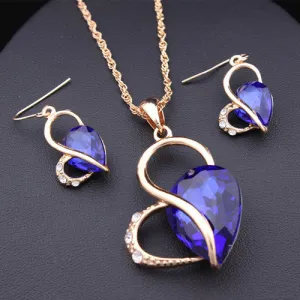 New Jewelry 18K Gold Rhinestone Austria Crystal Heart Water Drop Necklace   Dangle Earrings Jewelry Sets