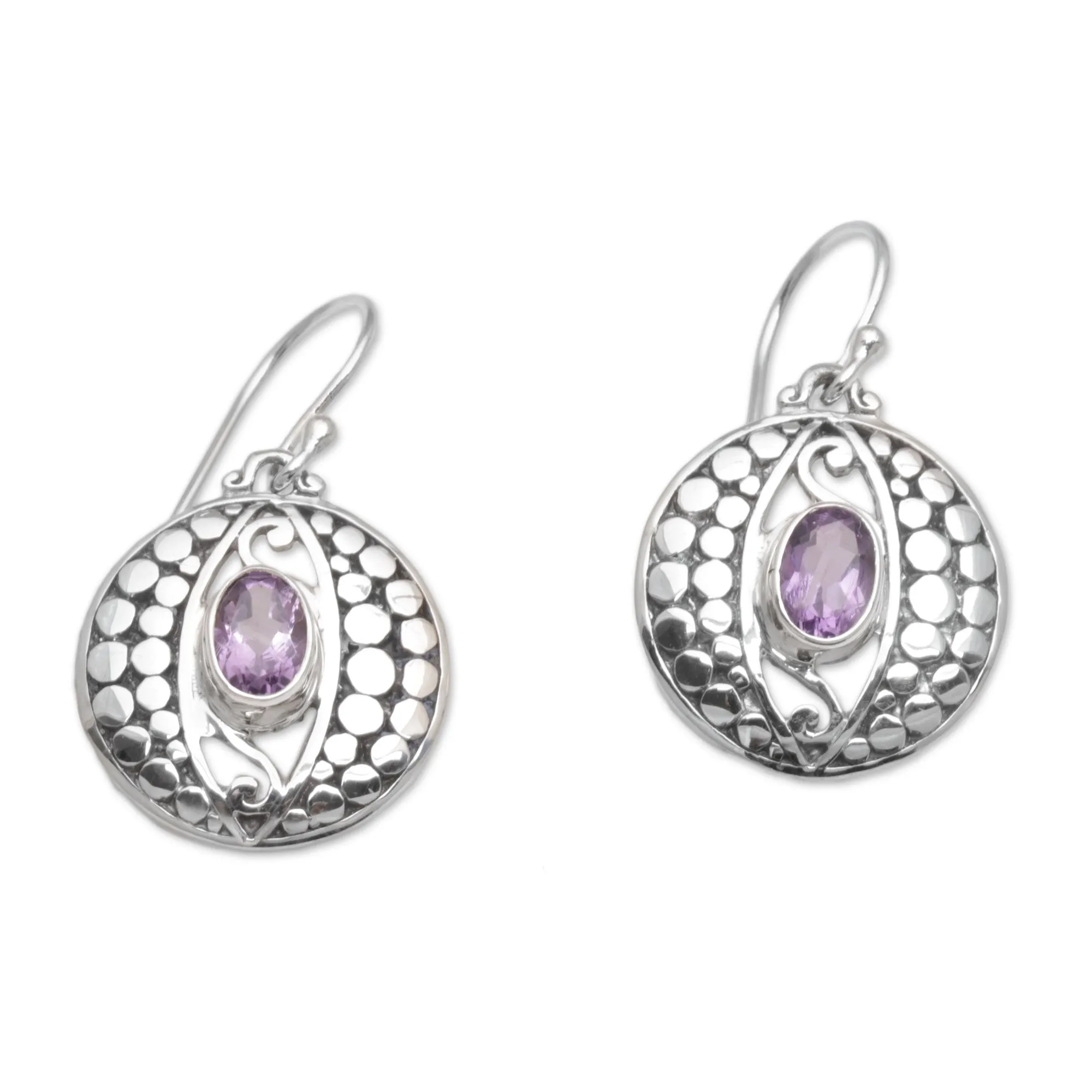 NOVICA  Amethyst .925 Sterling Silver Dot Motif Dangle Earrings, 'Temple Watchers'