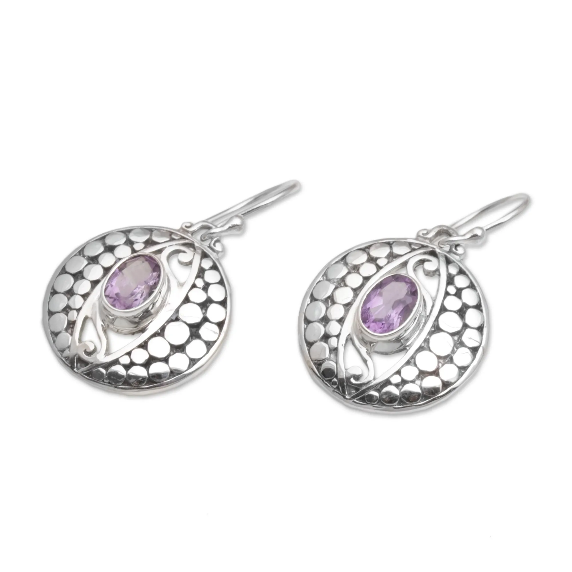 NOVICA  Amethyst .925 Sterling Silver Dot Motif Dangle Earrings, 'Temple Watchers'