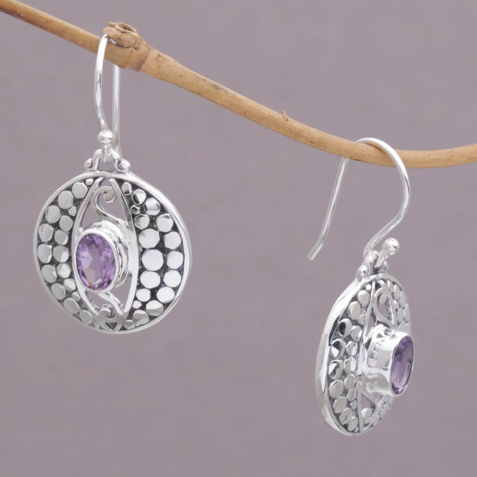 NOVICA  Amethyst .925 Sterling Silver Dot Motif Dangle Earrings, 'Temple Watchers'