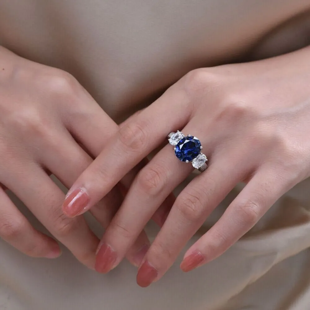 Oval 5CT Sapphire and Diamond 925 Sterling Silver Ring