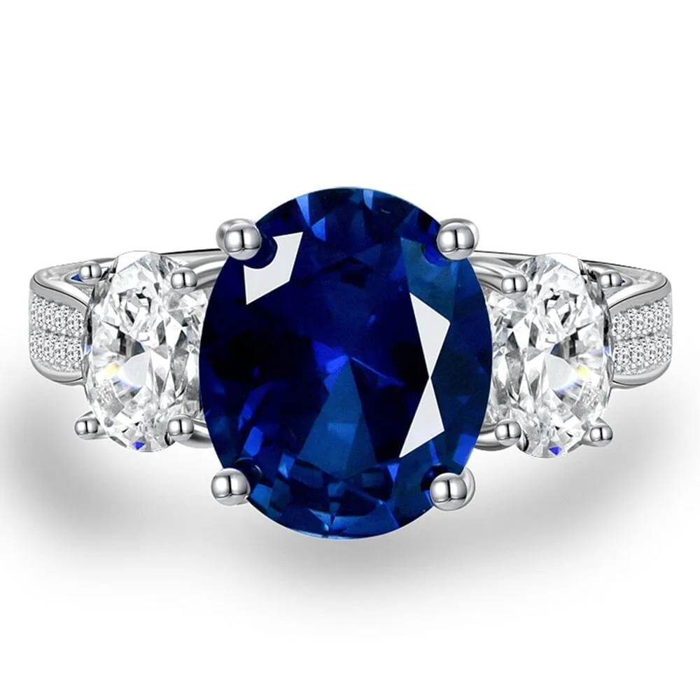 Oval 5CT Sapphire and Diamond 925 Sterling Silver Ring