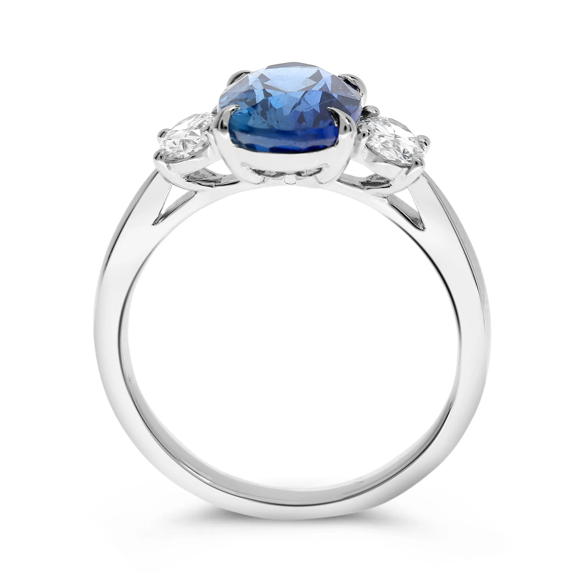 Oval Blue Sapphire and Diamond Three Stone Platinum Ring