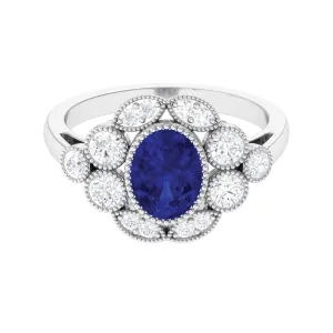 Oval Created Blue Sapphire Statement Engagement Ring with Diamond Halo