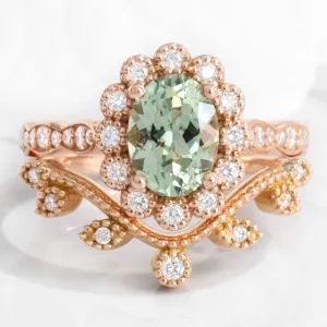 Oval Green Sapphire Ring Bridal Set w/ Leaf Diamond Band in Vintage Luna Halo