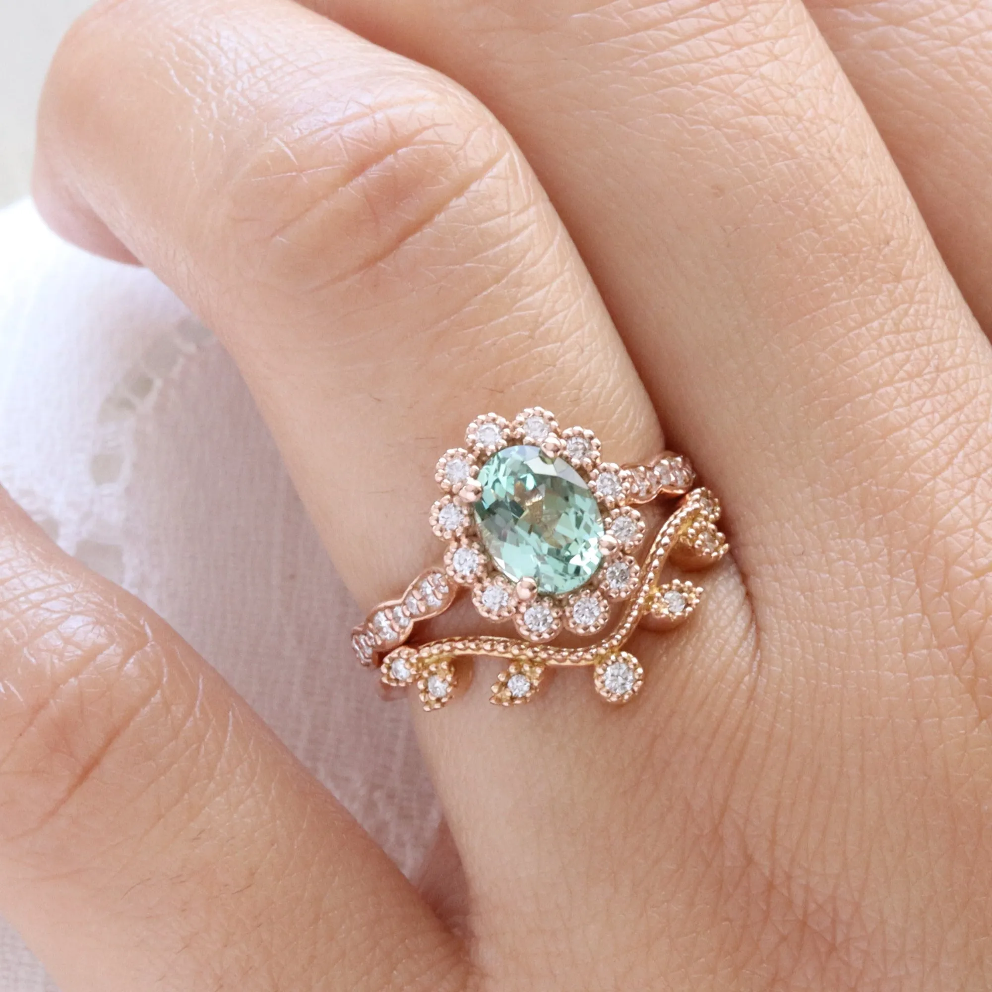 Oval Green Sapphire Ring Bridal Set w/ Leaf Diamond Band in Vintage Luna Halo