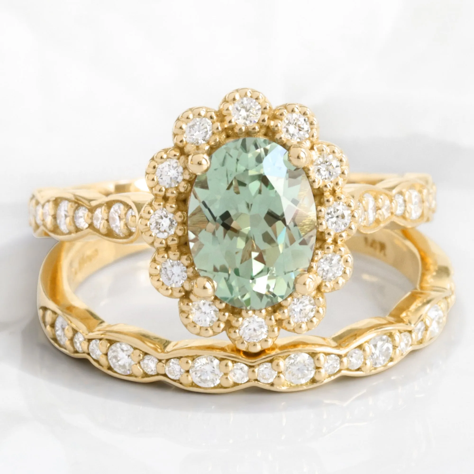 Oval Green Sapphire Ring Bridal Set w/ Matching Diamond Band in Vintage Luna Halo