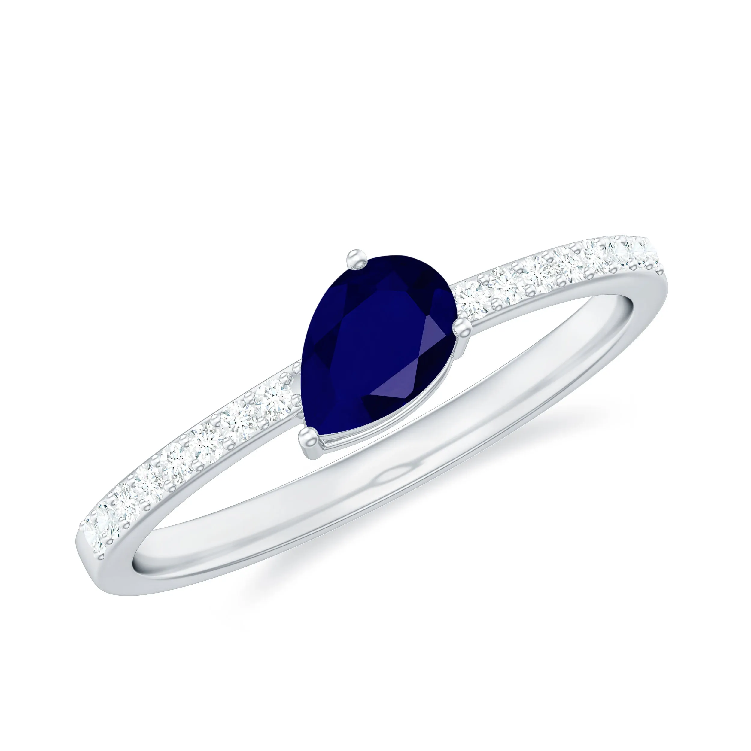 Pear Cut Blue Sapphire Solitaire Ring with Diamond Side Stones