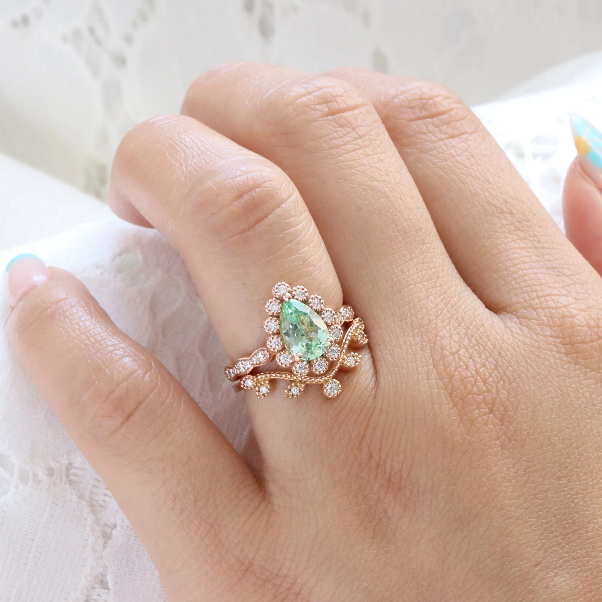 Pear Green Sapphire Ring Bridal Set w/ Leaf Diamond Band in Vintage Luna Halo