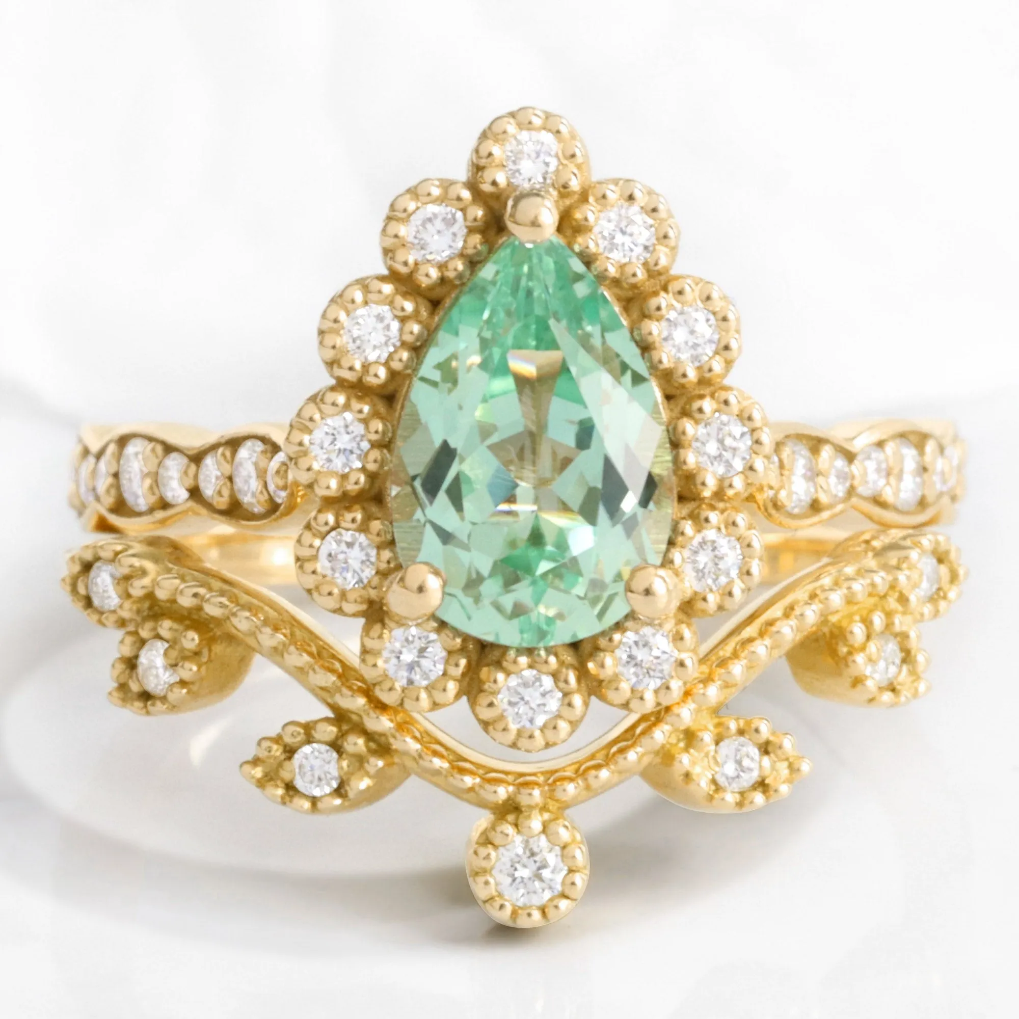 Pear Green Sapphire Ring Bridal Set w/ Leaf Diamond Band in Vintage Luna Halo